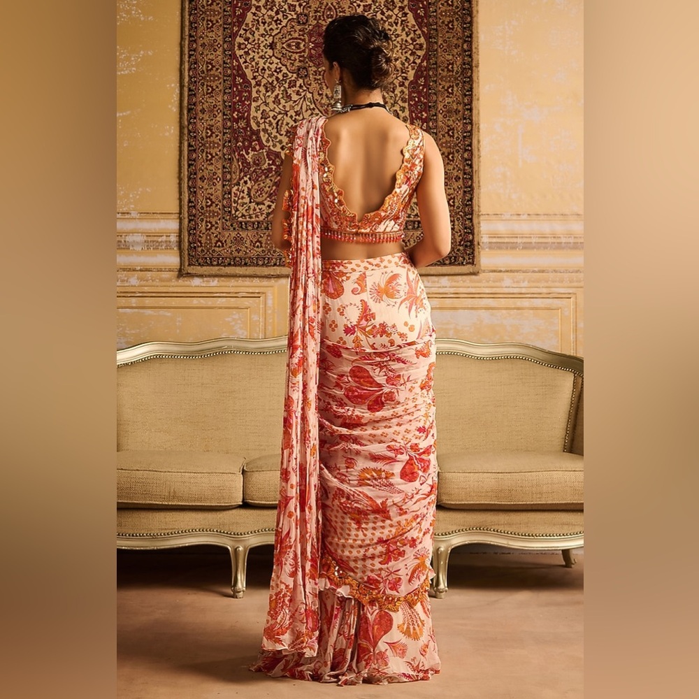 Floral Pink and Orange Maxi Sari Dress - Picture 3 of 3